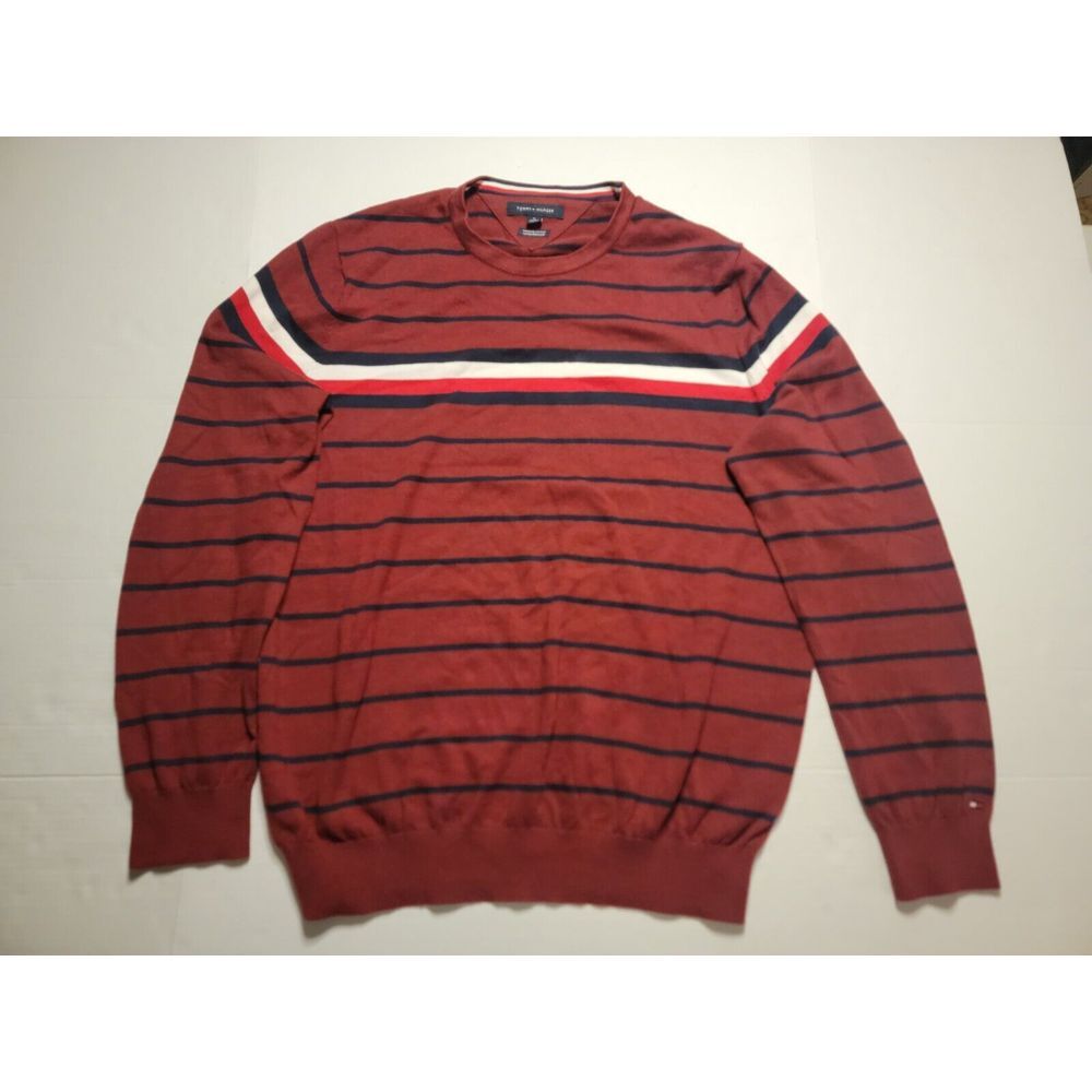 Tommy Hilfiger‎ Sweater Mens XL Red Black Stripe Cotton Crew Neck Casual Preppy